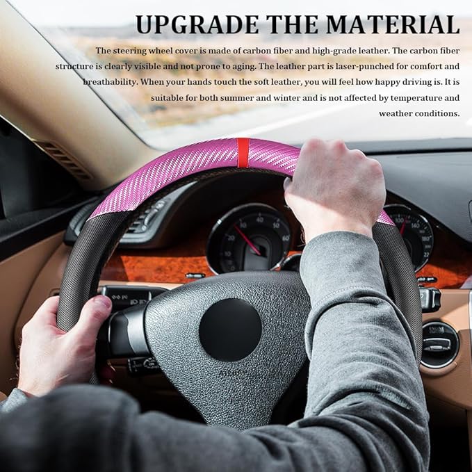 Car Steering Wheel Cover, Steering Wheel Accessories, 15 Inch Microfiber Leather Carbon Fiber Soft Anti-Slip Breathable, Car Accessories Elastic Non-Slip Cover for Most Vehicles (Pink)