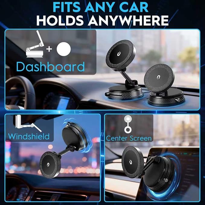 Magnetic Car Phone Holder for MagSafe, 15W Wireless Charging, 360° Adjustable Dashboard Mount, Compatible with iPhone 12-17 & Android (Black)