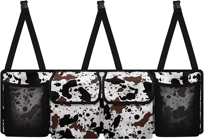 Cow Print Car Organizers and Storage Trunk Backseat Hanging Cargo Storage Bag with 2 Large Net Pockets 2 Magnetic Cover Foldable Capacity Car SUV Organizer