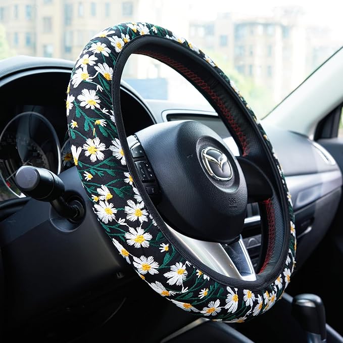 Embroidered Flowers Black Cute Daisy Steering Wheel Cover Auto Anti-Slip Breathable Steering Wheel Protector,Floral Car Accessories for Women,Universal Size Fit Most Cars -15 inch