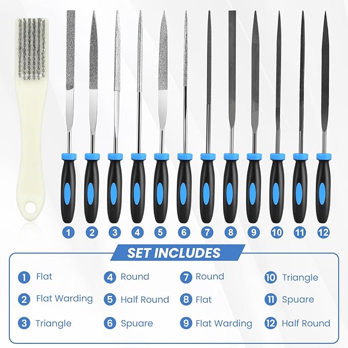 SOWKIPE 13Pcs Premium Small File Set, 6 Diamond Files, 6 Steel Files, Cleaning Brush & Carrying Case for Wood, Plastic, Jewelry, Leather, DIY