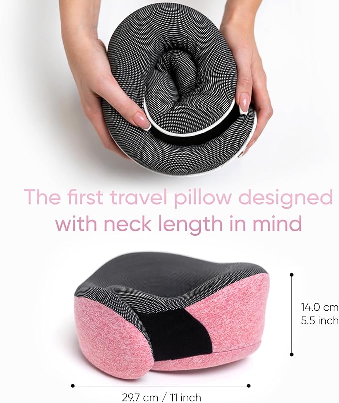 Proglobe Pink Airplane Travel Pillow Set, 100% Pure Memory Foam Neck Pillow, Updated Material, Long Flight Travel Kit with 3D Contoured Eye Masks, Earplugs, and Luxury Bag