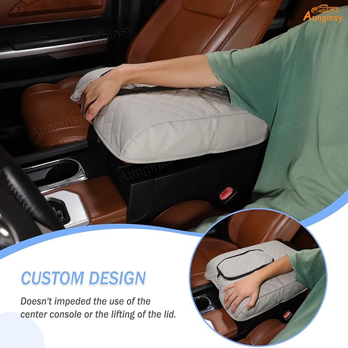 Aunginsy Leather Center Console Armrest Cover Compatible with Toyota Tundra 2014-2021, Car Middle Console Cushion Lid Pad Waterproof Protector, Armrest Seat Box Cover with Storage Bag Accessories