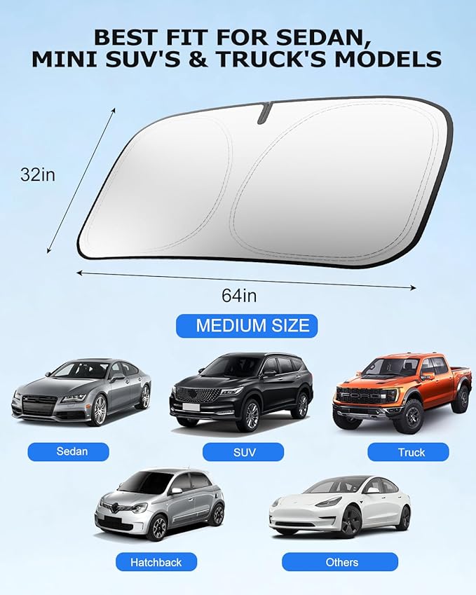 DMJN Windshield Sun Shade - Medium, Car Sunshade for Front Windshield [100% Efficient Block UV & Scorching Sun] UPF50+ Heat Block - Protect Interior & Keep Cooler