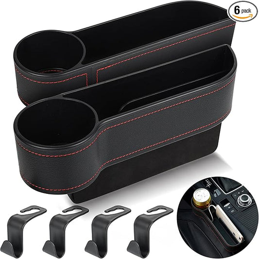 2 Set Car Seat Gap Organizer, Car Gap Filler Storage Boxes, PU Leather Front Seat Console Side Pocket Bags with Cup Holder 4 Hooks, Automotive Storage Box for Phone, Drinks, Cards, Sunglasses, Black