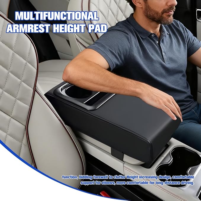 Car Center Console Armrest Pillow, Vehicle Armrest Seat Box Cushion Pad with Cup Holder & Phone Holder, Comfortable Auto Middle Console Cover, Universal for SUV RV Truck (Black)