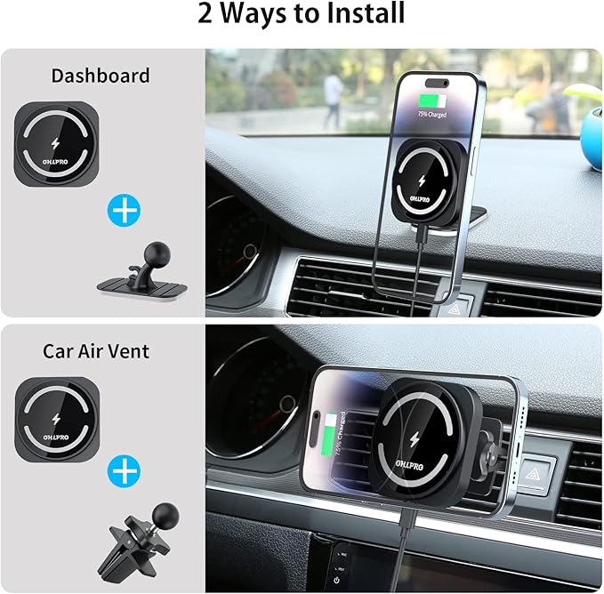 OHLPRO for Magsafe Car Mount, Super Strong Magnetic Wireless Car Charger Compatible with iPhone 17 Pro max,17/16/15/14/13 Series, [with QC 3.0 Adapter] Dashboard Car Phone Holder