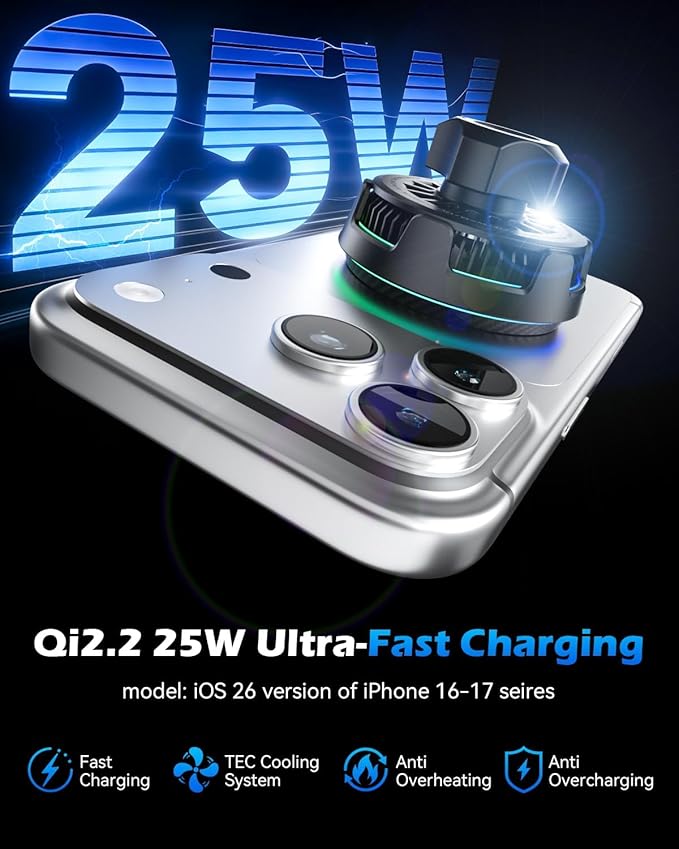 CloudValley 25W Wireless Car Charger Mount with RGB Light, Magnetic Car Phone Holder with Cooling Fan & 45W Adapter, 360° Rotating Vacuum Suction Mount, Only Design for MagSafe iPhone 17/16/15/14/13