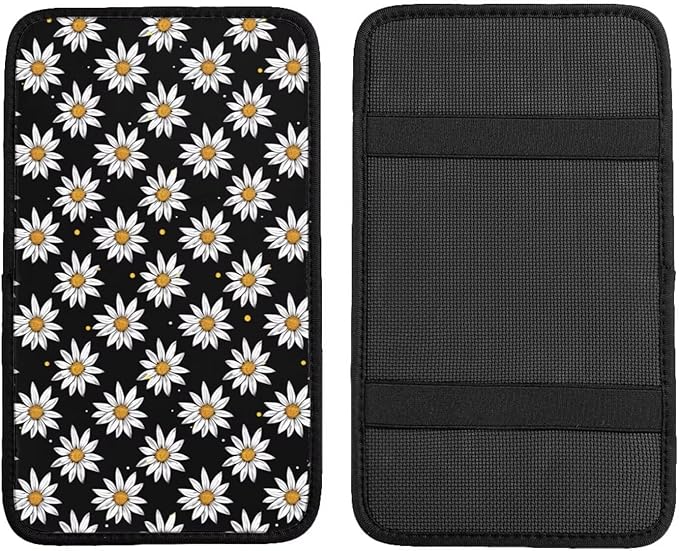 Daisy Car Center Console Cover Floral Wildflower Cute Polyester Armrest Pad Cushion Automotive Cars Center Console Lid Protector Black Car Decor Accessories