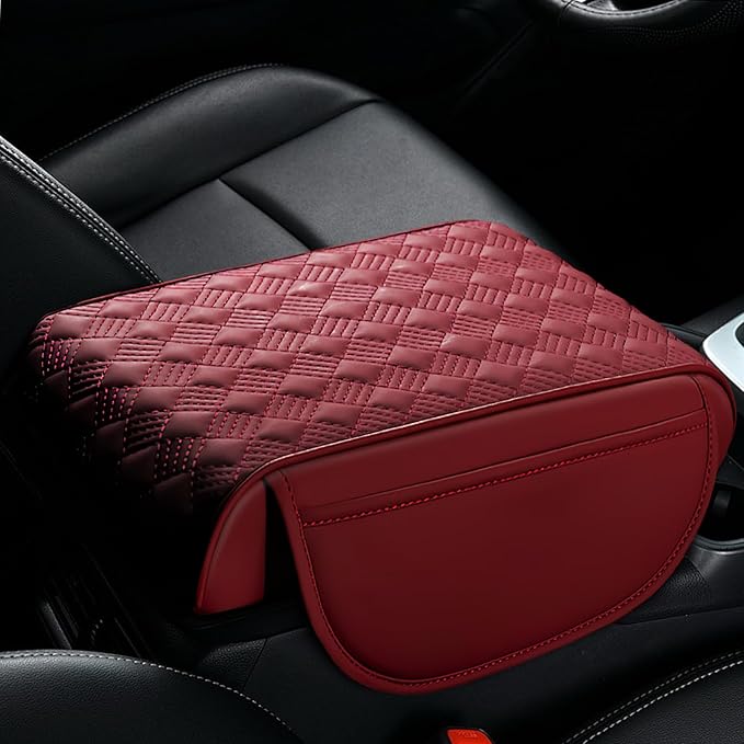 wuyaoyao Car Center Console Cover, 12.2"×8.27"×1.97" Leather Center Console Protector, Auto Armrest Pad with 2 Storage Pocket, Universal Armrest Cover Cushion for Most Cars, Trucks, SUVs (Red)