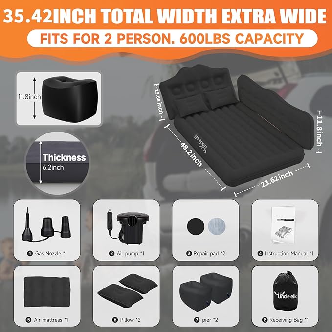 Car Air Mattress Bed: Inflatable Back Seat Air Mattress for Car, Thick Camping Sleeping Pads with 2 Pillows & Air Pumps, Fits Sedan/Truck/SUV, Black