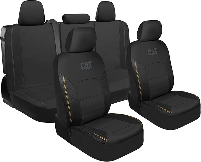 CAT PU Leather Car Seat Covers Full Set – Front Bucket Seats + 60/40 Split Rear Bench – Black Waterproof Automotive Seat Covers, Scratch-Resistant, Universal Fit for Cars, Trucks, SUVs, Easy Install