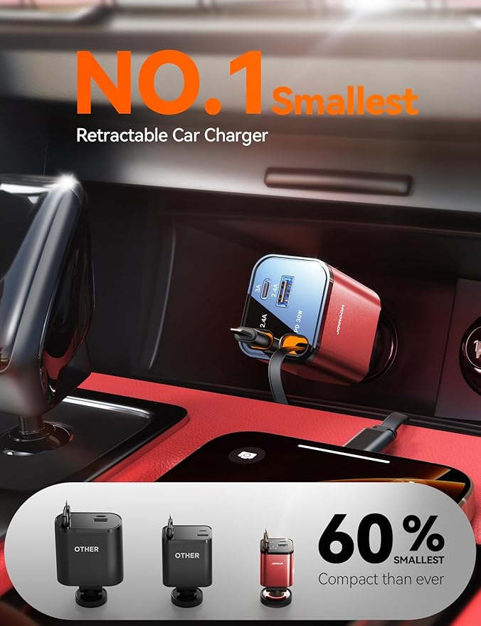 [2026 Ultra-Compact] JOYROOM Retractable Car Charger 84W Car Charger USB C for iPhone 16 17 Fast Charging, Car Accessories, Car Adapter Travel Essentials Gifts for Women Men, for iPhone 17 16 15 14 13