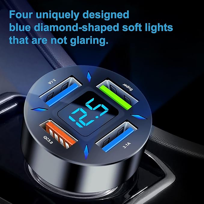 31W 4-Port Cigarette Lighter Car Charger with Fast Charging with 3FT USB-ATO USB-C Cable, 4in1 Cigarette Lighter Car Charger Compatible with iPhone 17/16/15, iPad Pro, Galaxy S24/23 and More