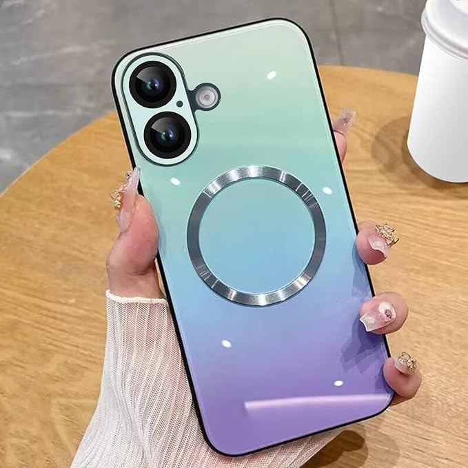 Guppy Compatible with iPhone 16 Case Magnetic, with Full Camera Lens Protector [Compatible with MagSafe] Scratch Resistant Gradient Glass Back Cover Phone Case-Blue