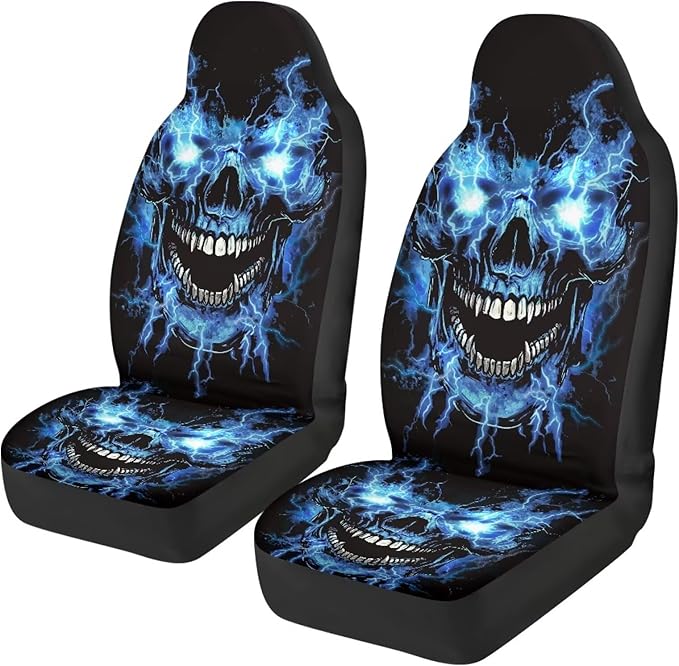 Blue Flame Skull Car Front Seat Covers Soft Car Seat Cover Easy Installation Breathable Front Seat Cover Protection Interior Accessories Universal for Auto Truck Van SUV 2 Pcs