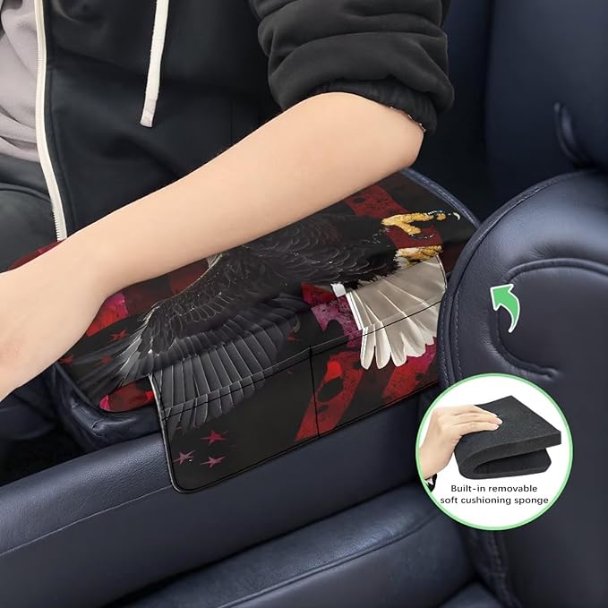 Car Center Console Cover Pad, American Flag Eagle Auto Console Arm Rest Cushion, Car Armrest Seat Box Protector, Car Memory Foam Armrest Pillow for Most Cars
