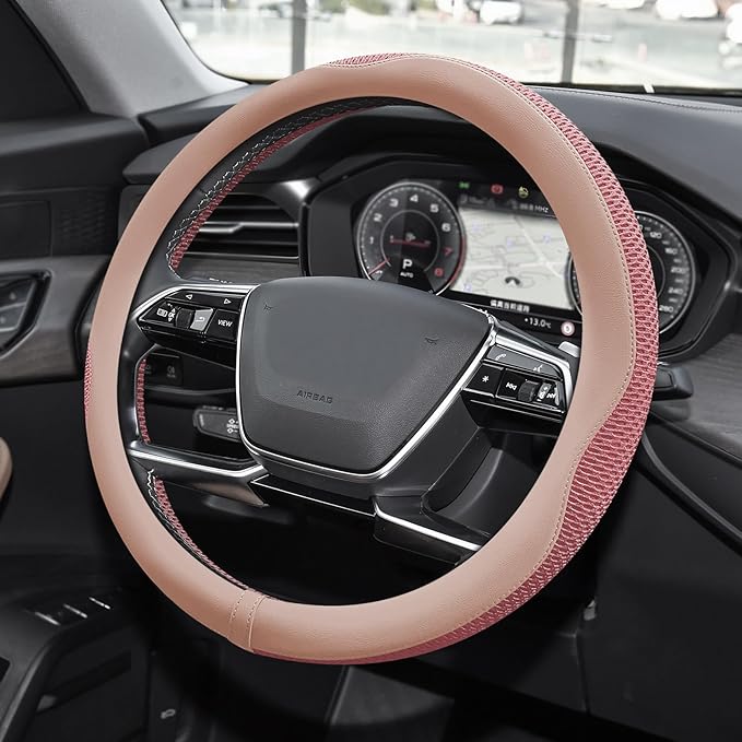 Car Steering Wheel Cover, Steering Wheel Accessories, Universal 15 Inch Microfiber Breathable LCE Silk, Car Accessories Breathable Anti-Slip Protector Universal for SUV Sedan Truck (Pink)