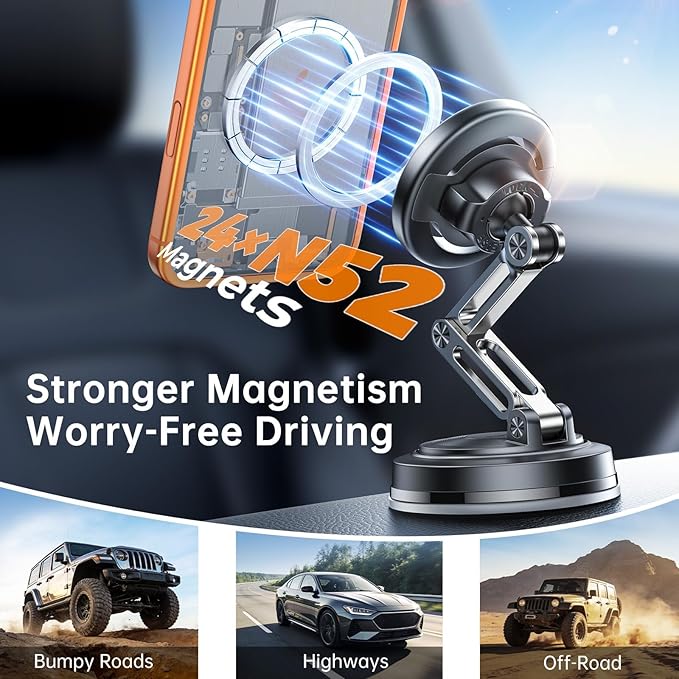 SYNCWIRE for MagSafe Car Mount [3-Axis Adjustable], Vacuum Magnetic Phone Holder with Replaceable Suction Cup Dashboard/Windshield, 360° Rotation & Foldable, for iPhone 17-12 Pro Max Plus