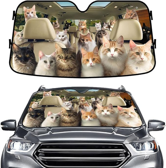 GENANY Cute Cat Group Funny Windshield Sun Shade for Car SUV Truck (55x30 Inches), Sun Shade Windshield, Shades for Front Windows, Protector Blocks UV, Spring Car Decor