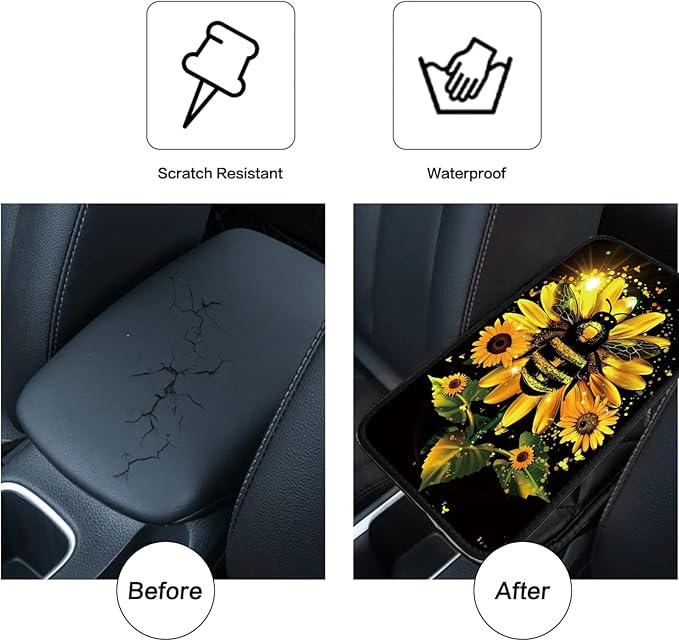 Car Armrest Cover Pads Universal Fashion Cute Auto Center Console Armrest Cover Pad with 2PCS Car Coasters Soft Waterproof Seat Protector for Women, Sunflower Bee