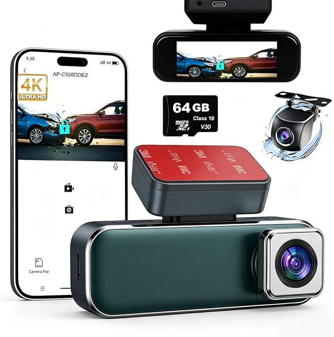 Dash Cam Front and Rear, 4K+1080P Dash Camera for Cars, 7Track Dual Car Camera with WiFi/APP Control, 64GB Card, 3.19" IPS Screen, WiFi, HDR, Night Vision, Parking Mode, Loop Recording