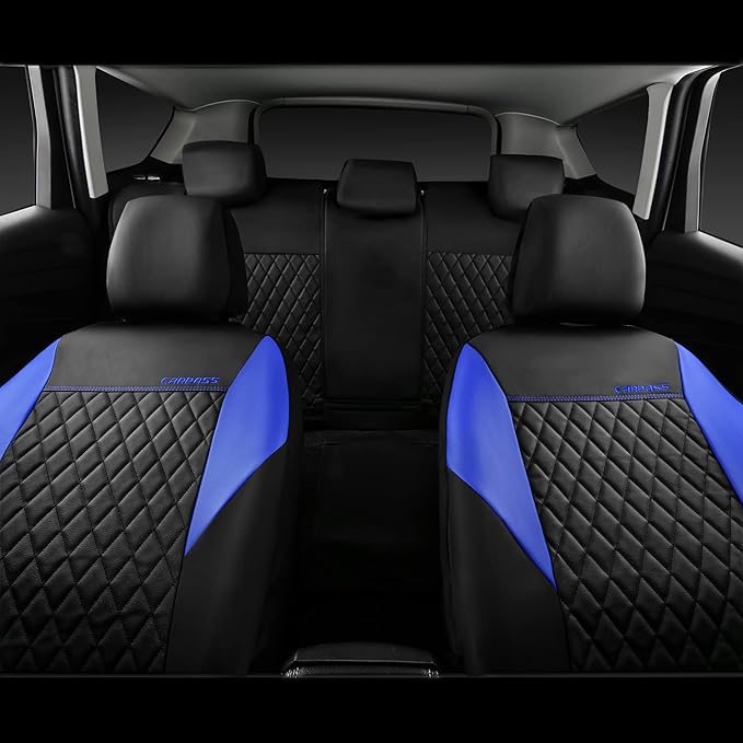 CAR PASS Leather Seat Covers-Universal Quilting Car Seat Cover with 5mm Composite Sponge Inside,Airbag Compatible,Front and Rear Seat Covers for Most Sedan,SUV,Van,Truck(Full Set,Blue)
