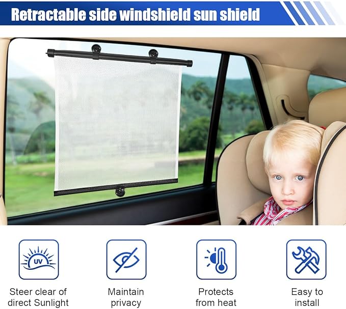 2PCS Car Side Window Sun Shade for Baby/Kids- 18"×14" Retractable Roller Car Window Shade with Suction Cups - Blocks Heat and UV Rays Glare Protection- Baby Travel Accessories for Cars (White)