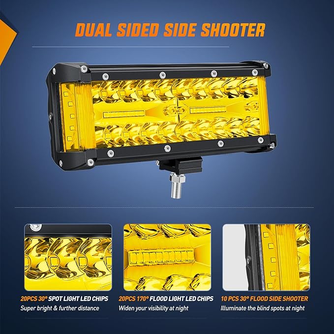Nilight Side Shooter LED Light Bar 2PCS 7 Inch Triple Row Spot Flood Combo Yellow Beam Pods with 5Pin Rocker Switch Wiring Harness Kit for Off Road Lighting on Truck SUV ATV UTV
