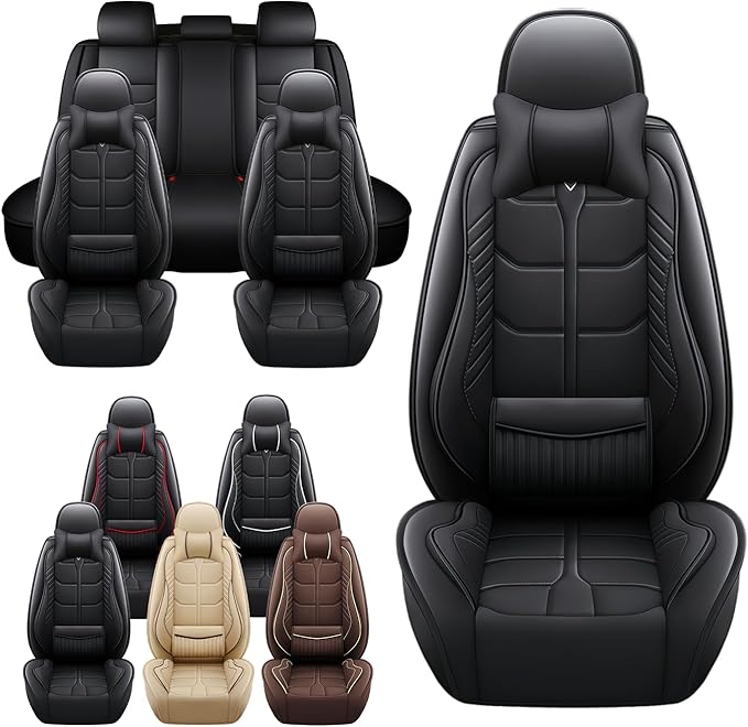Leather Car Seat Covers Fit for Toyota Prius 2004-2024, 5 Seater Car Seat Cover, Premium Waterproof, Scratch Resistant Car Interior Accessories (Full Set with Pillow Black)