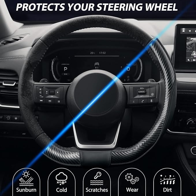 SEG Direct Flat Bottom Steering Wheel Cover Carbon Fiber, D Shaped Car Wheel Cover 14 1/2-15 in. (37-39 cm), Black Microfiber Leather with Carbon Fiber Pattern