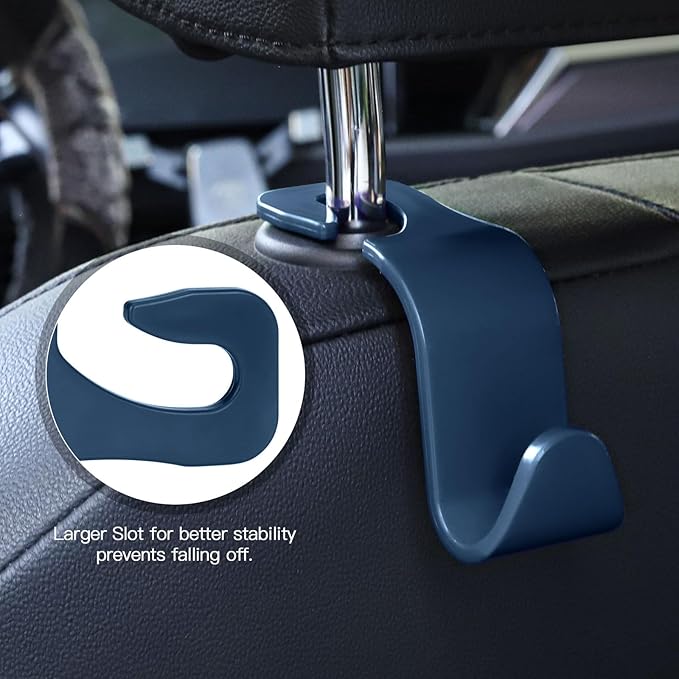 Soleebee 4 Pack Car Headrest Hooks - Universal Auto Hooks, Back Seat Hangers, Storage Organizer (Navy Blue)