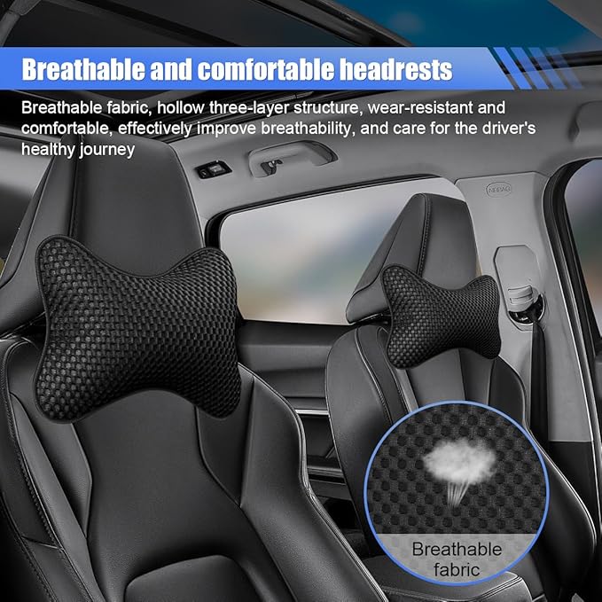 2PCS Car Headrest Pillow, Breathable Leather Car Neck Pillow, Soft Cloud Silk Cotton Neck Support Relief Cushion, Comfortable Automotive Seat Head Rest Pad for Driving Fatigue Relief (Black)