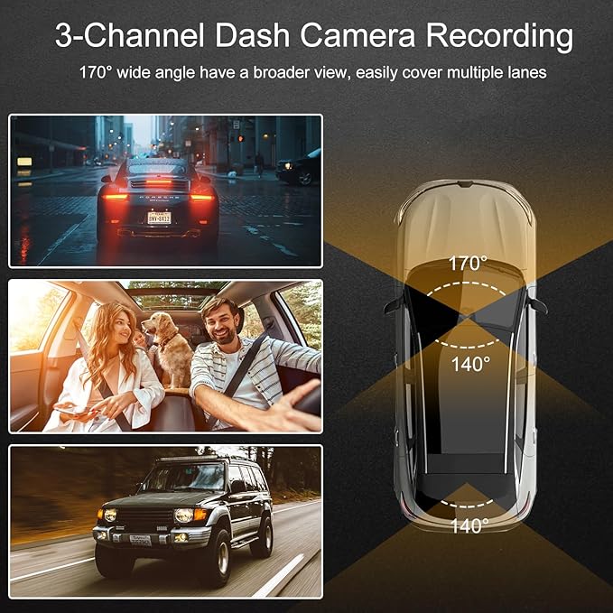 Dash Cam Front Rear Inside, 4K Full HD Dash Camera for Cars, Included 64GB Card, Built-in Wi-Fi, 3” IPS Screen, Night Vision, 170°Wide Angle,Loop Recording, APP Control (3Channel Dashcam+64G)