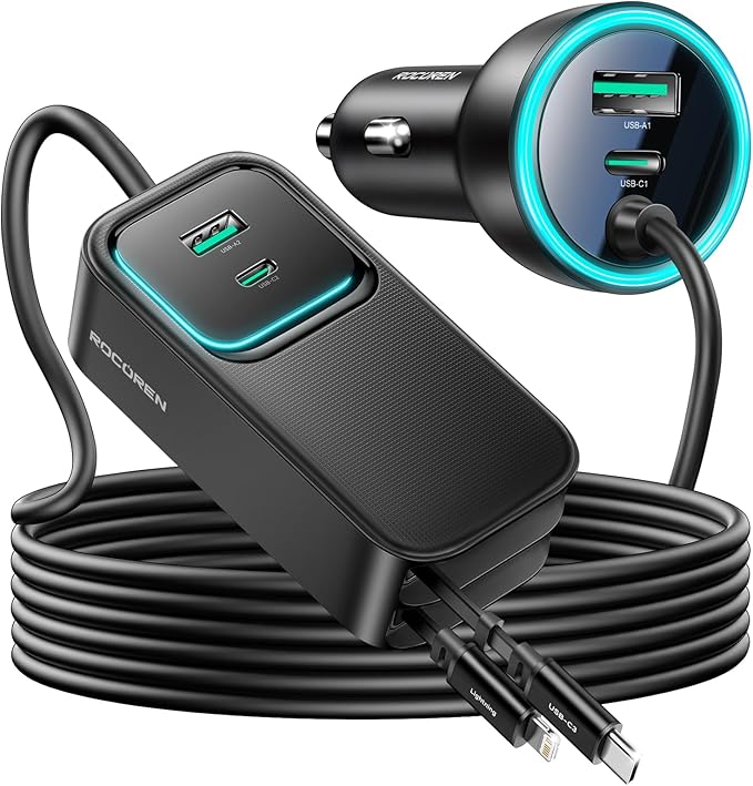 Rocoren 135W Multiple Ports Car Charger,Car Travel Essentials for Road Trips,6-Port PD Fast USB C Cigarette Lighter Adapter with 5FT Cable and 2 Retractable Cable,Car Accessories for iPhone, Galaxy
