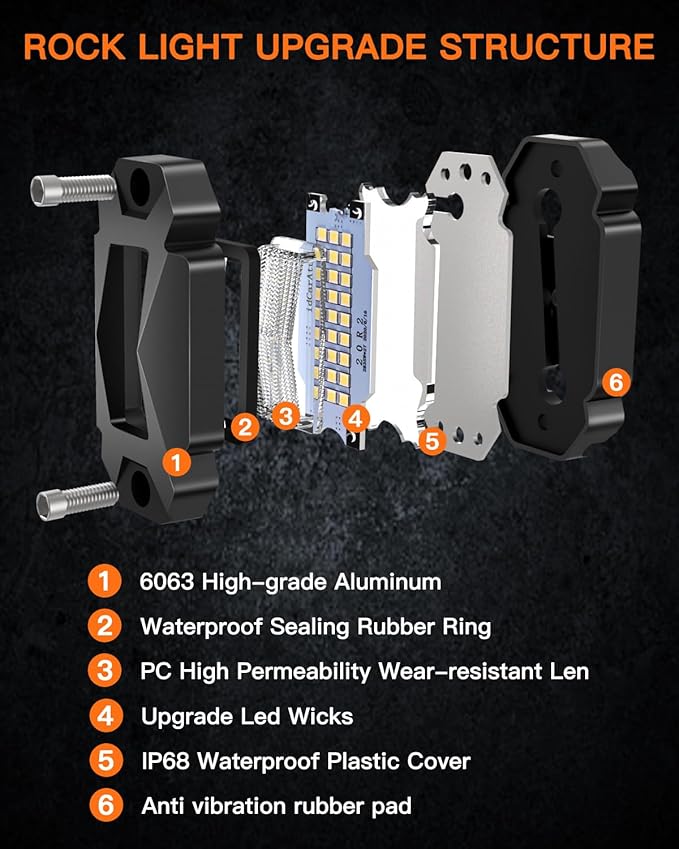 Rock Lights,LEDMIRCY R2 Pure White LED Rock Lights Kit 16PCS with Toggle Switch Wiring Harness Ultra Bright for UTV Trucks ATV Underglow Light Trail Rig Under Body High Power Waterproof