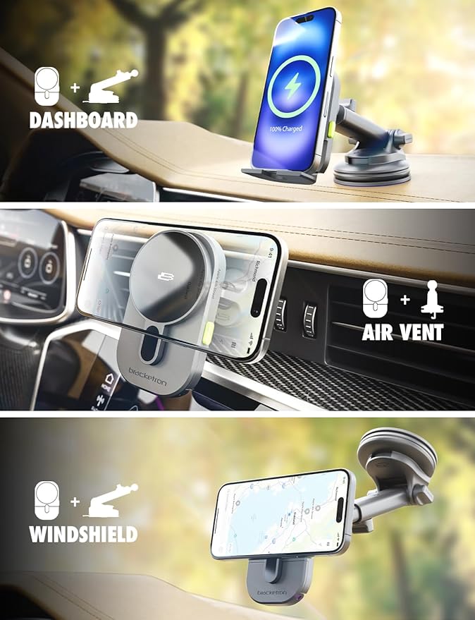 Bracketron MagAlign Extend 15W Magsafe Car Mount Charger, Magnetic Car Phone Holder Charger Wireless Car Charger for iPhone 17 Pro Max 16 15 14 13,Vent/Windshield/Dash Phone Mount Holder Fast Charger