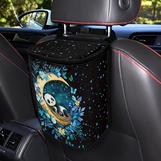 BIGCARJOB Moon Panda Car Trash Bags Hanging Automotive Car Garbage Bin with Adjustable Straps Reusable Auto Trash Bin Garbage Bags for Front Seat Multipurpose