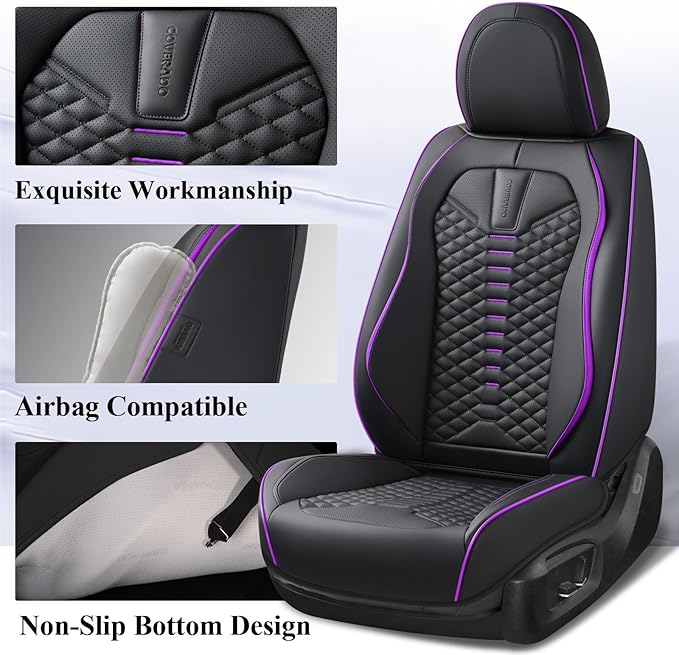 Coverado Car Seat Covers Front Seats, Nappa Leather Black&Purple Car Seat Cover, Automotive Seat Covers, Waterproof Driver Seat Protector, 2 Pack Front Seat Cover Car Seat Cushion Fit for Most Cars