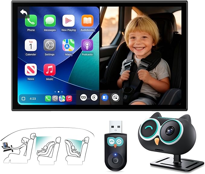 OTTOCAST Cabin Care Adapter 2026,2-in-1 Baby Car Camera & Wireless CarPlay Adapter-No Extra Screen Needed,1080P Car Baby Monitor for No-Glow Night Vision,150°Wide Angle,Plug&Play(No Android Support)