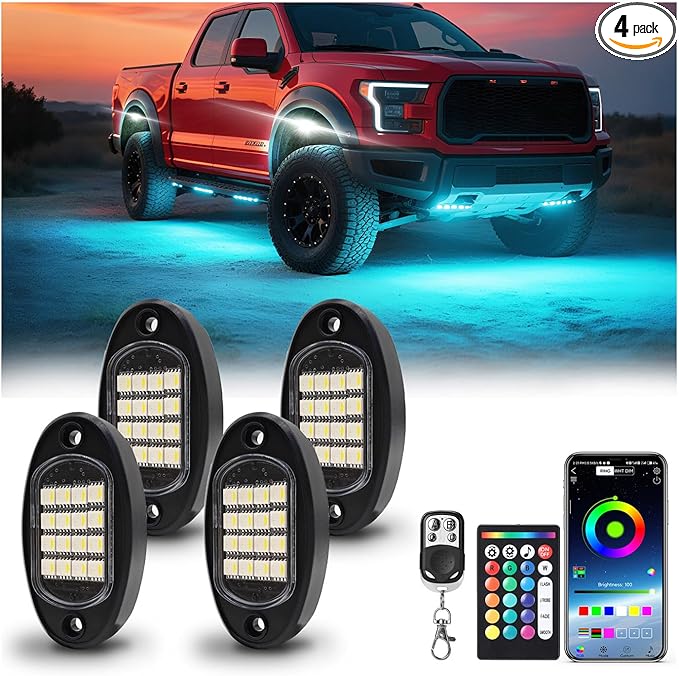 4 Pods RGBW LED Rock Lights for UTV ATV Golf Cart RZR SXS Truck Jeeps Off Road, Waterproof Multicolor Neon Underglow Kit with APP/RF Remote Control&Brake Red Function,12V Pure White Underbody Lights