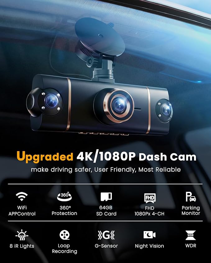 4 Channel 360° Dash Cam Front Rear Inside & Left Right,4K+1080P*3 FHD Car Camera,5GHz WiFi & App Control,8 IR Lamps Night Vision,24H Parking Mode,G-Sensor,Loop Recording,Includes 64GB SD Card（Black）
