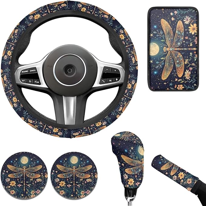 Dragonfly Print Car Steering Wheel Cover Sets for Women Moon Flower Auto Interior Accessories Cup Holder Armrest Pad Seatbelt Cushion Fit Vans Trucks,SUV