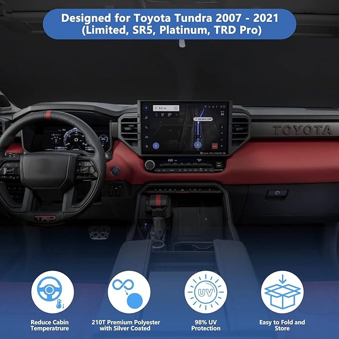 Upgraded Windshield Sun Shade Fit 2021 2020 2019 2017 2016-2007 Toyota Tundra Limited SR5 Platinum TRD Pro Pickup Front Window Sunshade Truck Accessories Sun Visor UV Protector Heat Shield Cover