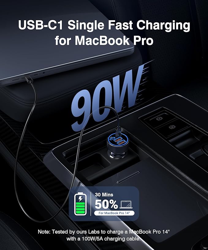 [2026 Updated 4-in-1] USB-C Car Charger, 4-Port 90W Super Fast Charging Cigarette Lighter Adapter, USB-C & USB-A PD/QC Multiport for iPhone 17/16/15, iPad, MacBook,Samsung Galaxy, and Android Devices