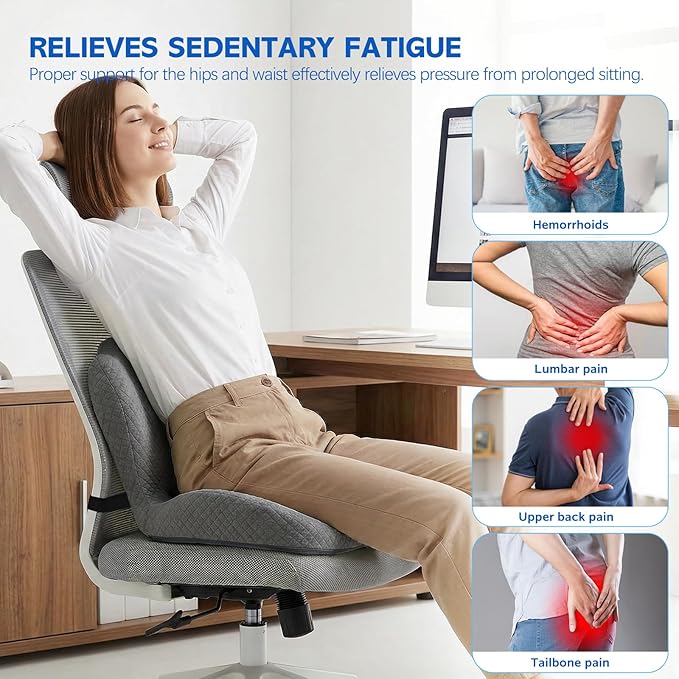 Office Chair Cushion for Tailbone & Back Pain Relief, Strong Lumbar Support Ergonomic Cushions, Comfortable Memory Foam Cushion for Pain Relief, Suitable for Office Chairs, Home Chairs, Car