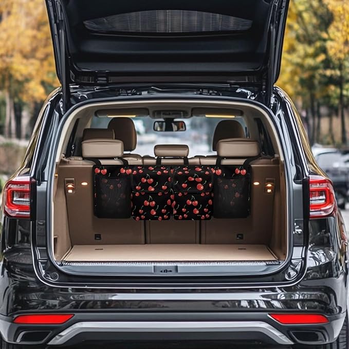 Cherry Trunk Organizer for Car Women Adjustable Back Seat Car Organizer Oxford Cloth Car Back Seat Organizer with 4 Pockets, Space-Saving Car Organizers Storage Bag for SUV/MPV/Truck