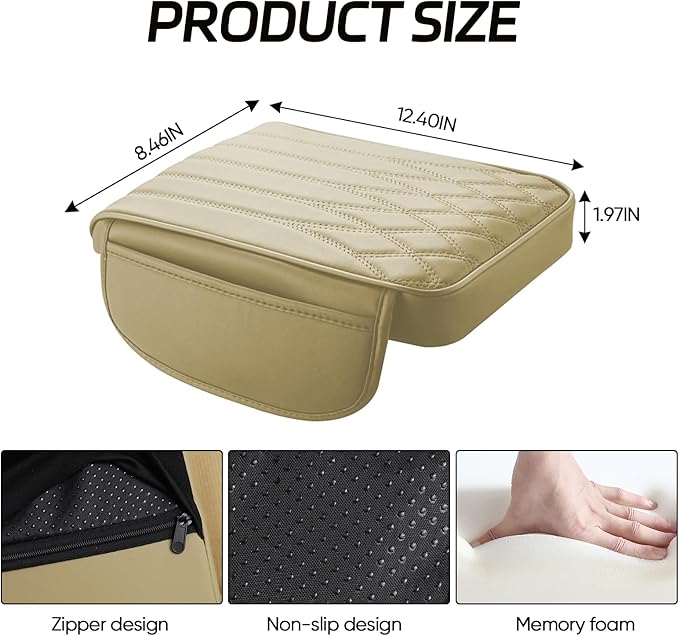 wuyaoyao Car Center Console Cover, Leather Car Armrest Box Cover, 12.40"×8.46"×1.97" Arm Rest Pad with Pockets, Soft Auto Armrest Storage Box Protector, Universal Interior Car Accessories (Beige)