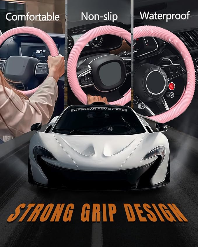 WOCOCN Car Steering Wheel Cover, Thin Anti-Skid Silicone Steering Wheel Cover for Men & Women, Universal Automotive Interior Accessories for Most Cars (Pink)