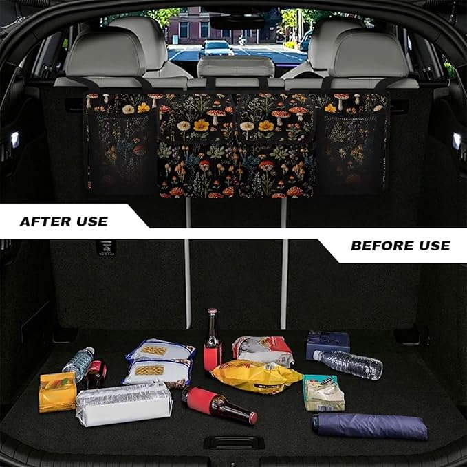 Mushroom Leaf Car Trunk Organizer, Auto Backseat Hanging Storage Bag with Adjustable Strap & 4 Pockets, Car Back Seat Cargo Bag, Car Interior Accessories